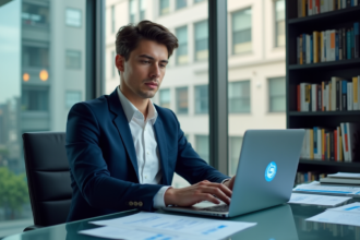 Jeune analyste en costume dans un bureau moderne avec graphiques financiers
