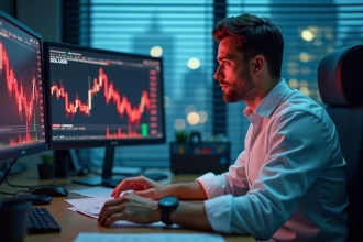 Analyste financier inquiet face à des graphiques de chute du cours de Solana sur plusieurs écrans de trading