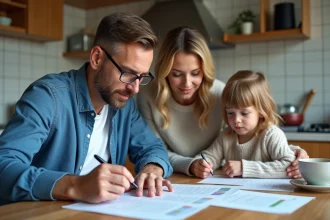 Père en famille remplissant un budget familial à la maison