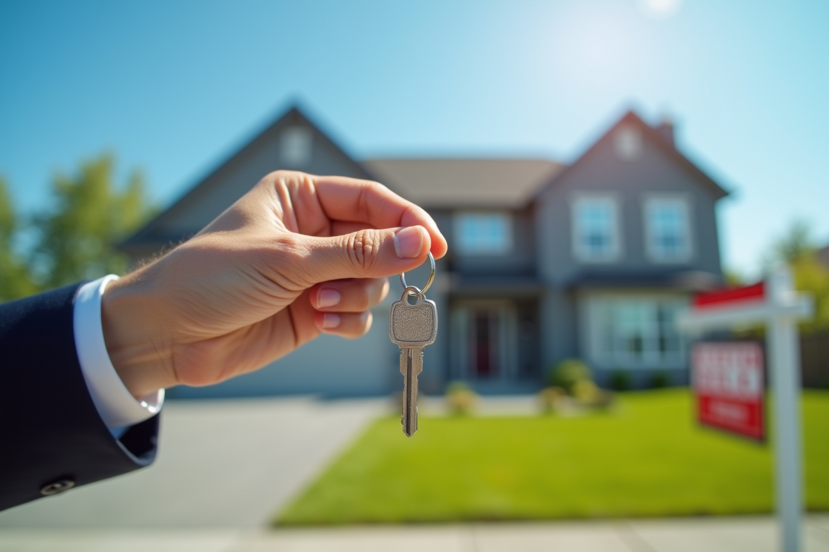 Main tenant une clé devant une maison moderne en plein jour