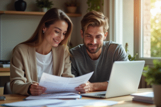 Jeune couple français planifiant finances à la maison