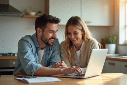 Jeune couple compare options d'assurance santé en ligne