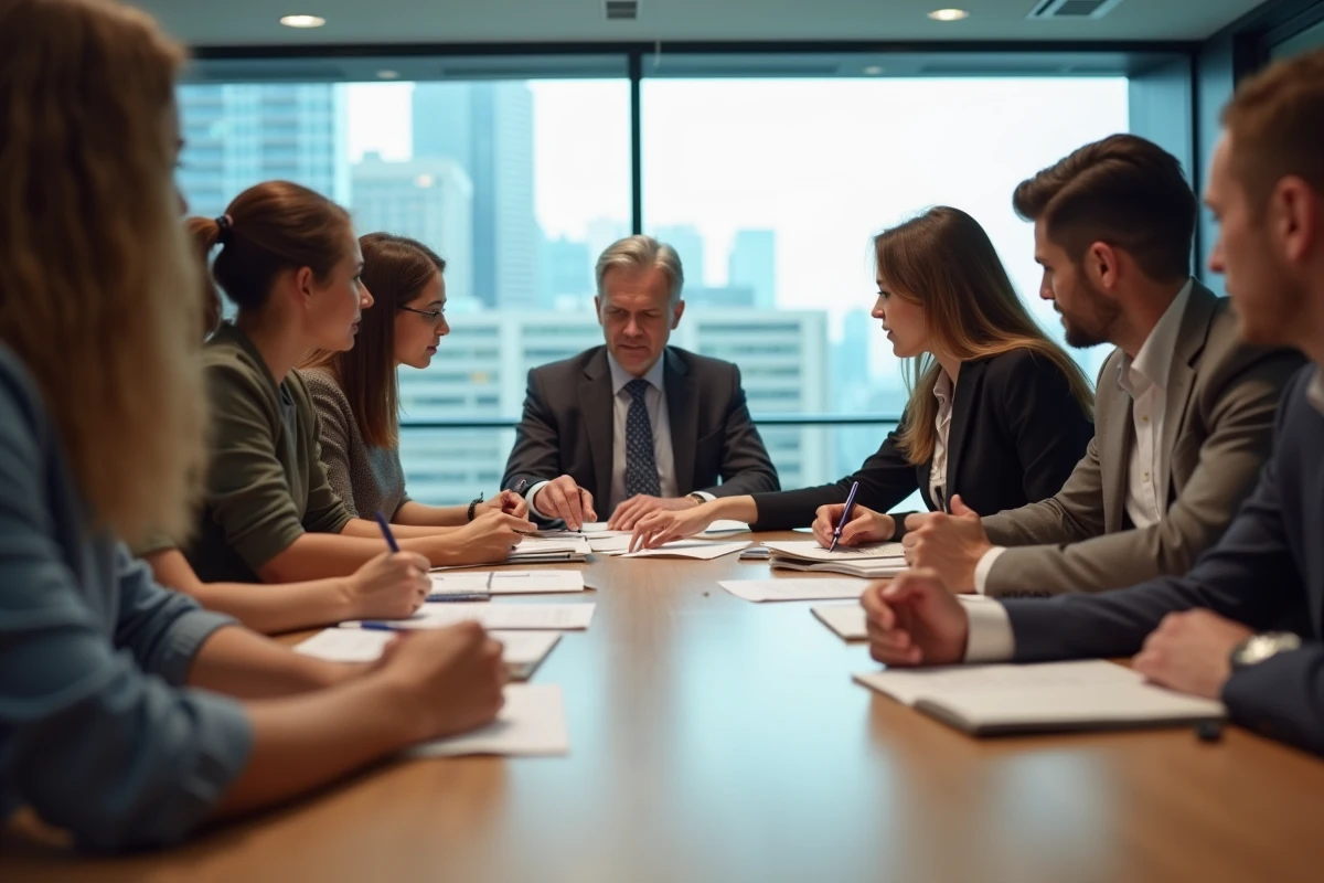 Groupe divers d employés en discussion de groupe