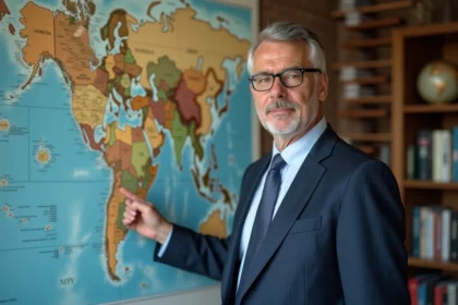 Economiste homme en costume devant une carte du monde
