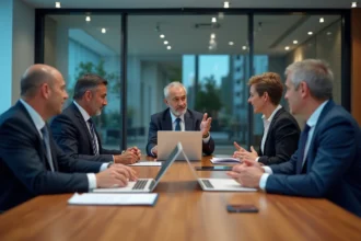 Groupe de dirigeants en réunion dans une salle moderne