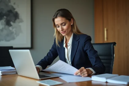 Femme d'affaires confiante en tailleur navy en réunion