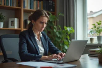 Femme d affaires regardant son ordinateur avec souci