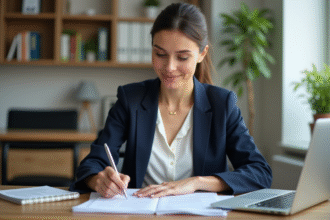 Femme en blazer navy vérifiant documents d'assurance