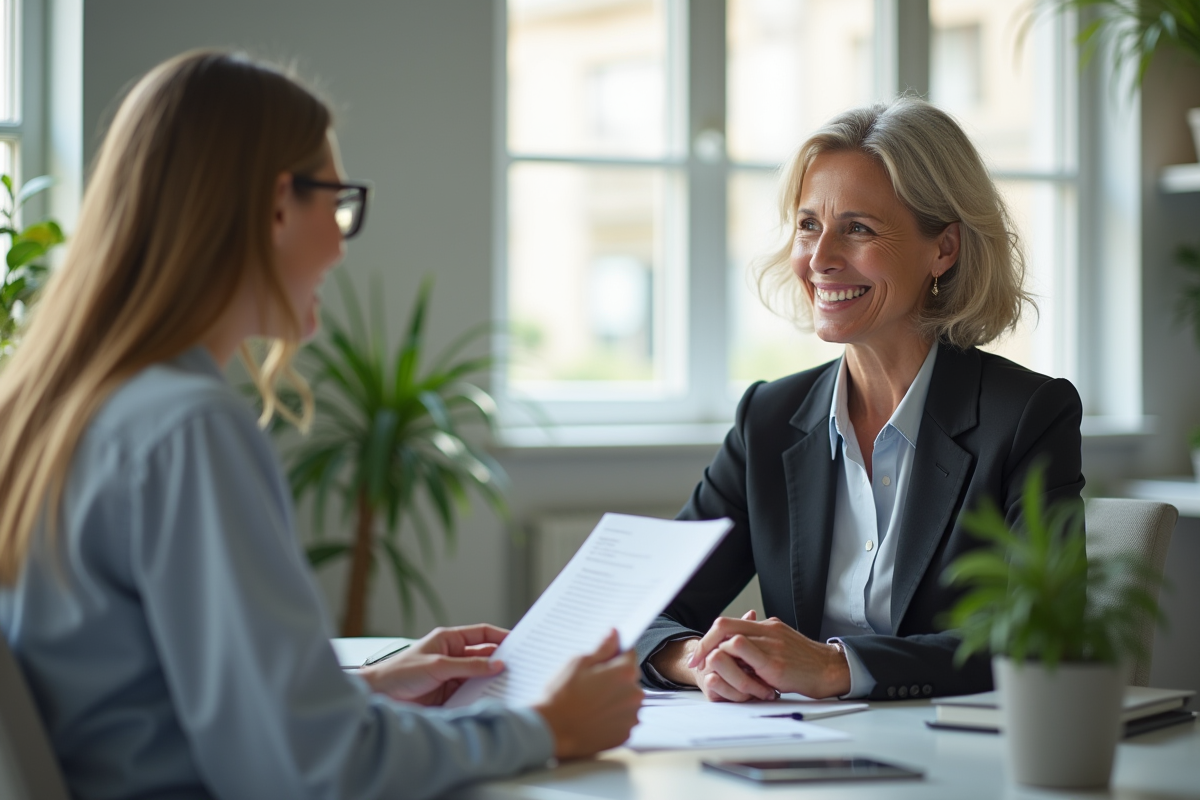 Femme professionnelle discute documents avec conseiller en assurance