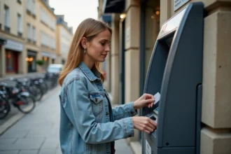 Femme utilisant un distributeur automatique en ville
