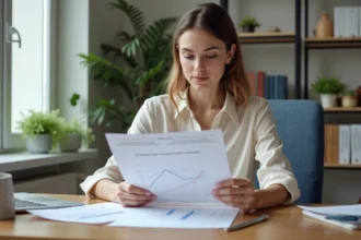 Jeune femme au bureau examine des graphiques