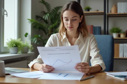 Jeune femme au bureau examine des graphiques