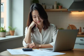 Femme au bureau travaillant sur son ordinateur dans un appartement