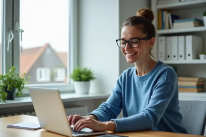 Femme lisant un ordinateur dans un bureau lumineux