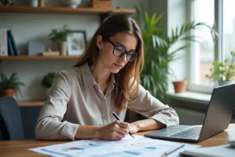 Femme concentrée vérifiant un graphique ROI dans son bureau