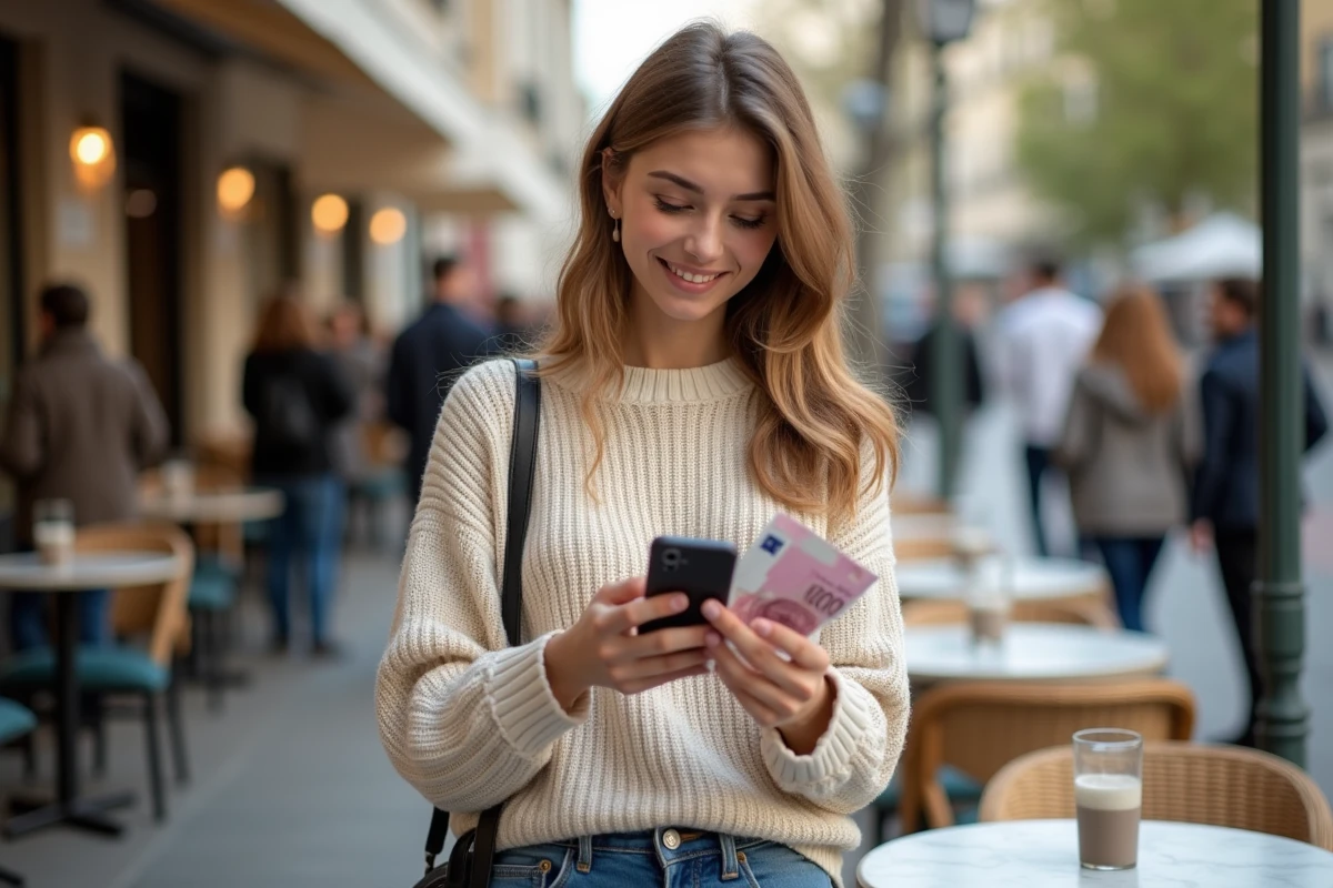 Jeune femme au café comparant billets de monnaie et application