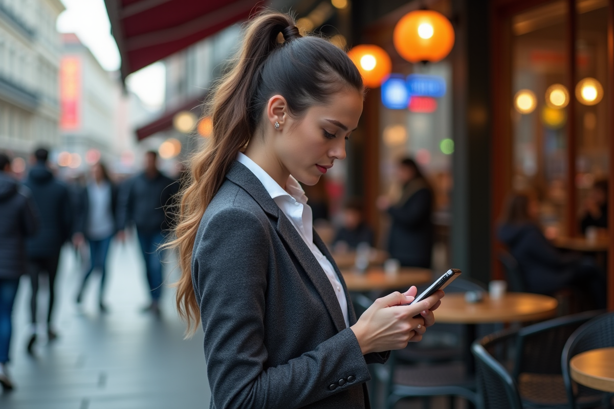 Jeune femme lisant des infos crypto au café en plein air