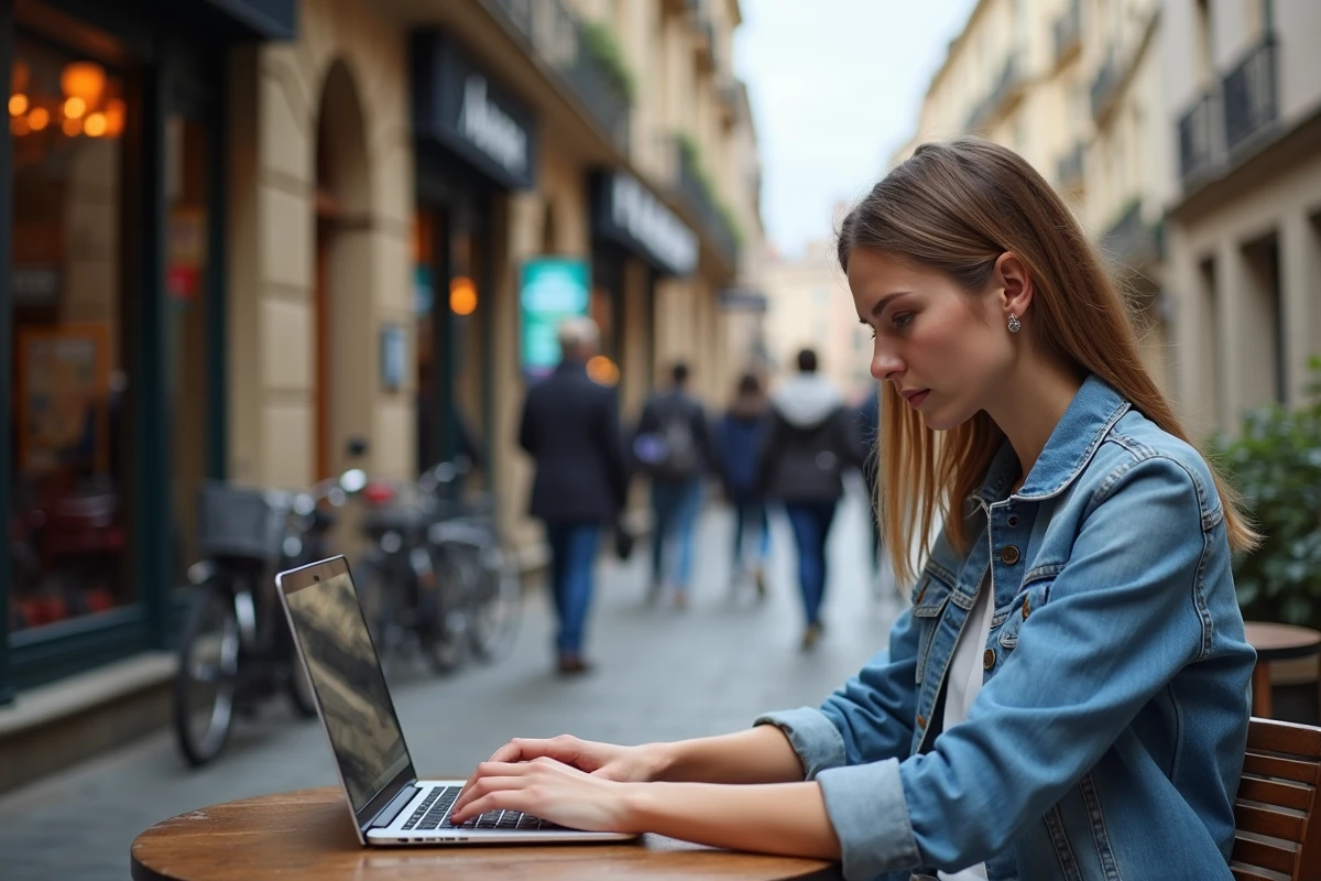 Jeune femme européenne au café vérifiant les marchés en extérieur