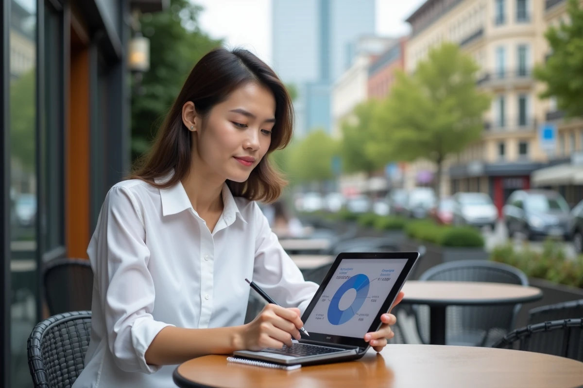 Jeune femme au café tenant une tablette avec un graphique en tarte