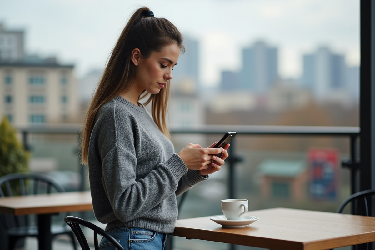 Jeune femme regardant son smartphone en terrasse urbaine