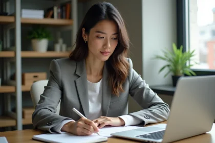 Jeune femme concentrée travaillant en comptabilite dans un bureau moderne