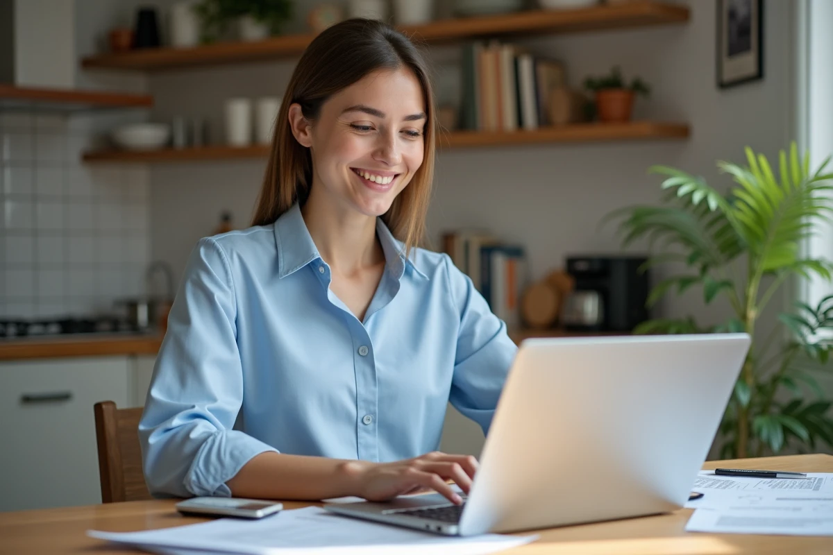 Femme souriante travaillant sur un ordinateur dans la cuisine