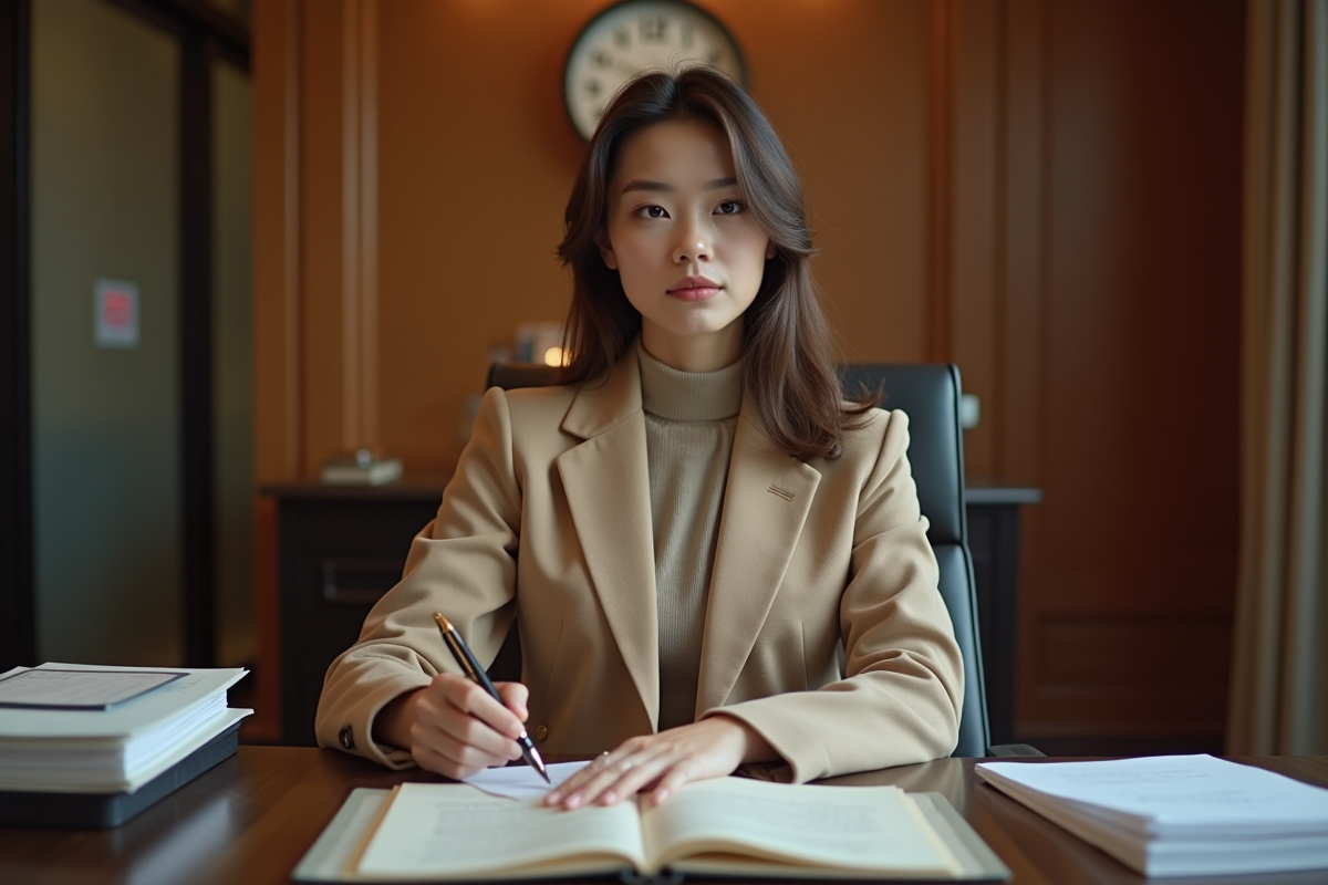 Jeune femme en beige remplissant un bordereau de depot