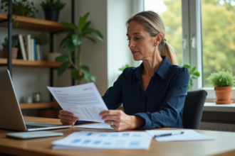 Femme d'âge moyen en blouse navy dans un bureau lumineux