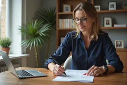 Femme d'âge moyen examinant des documents financiers à la maison