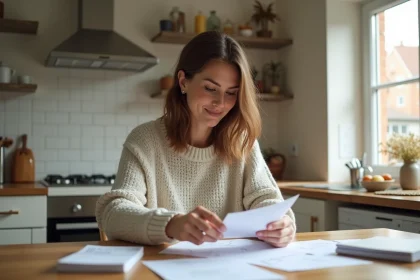 Femme organisée triant ses factures dans une cuisine lumineuse