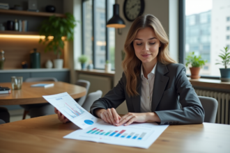 Jeune femme en tenue d'affaires examine des documents d'investissement dans un intérieur moderne