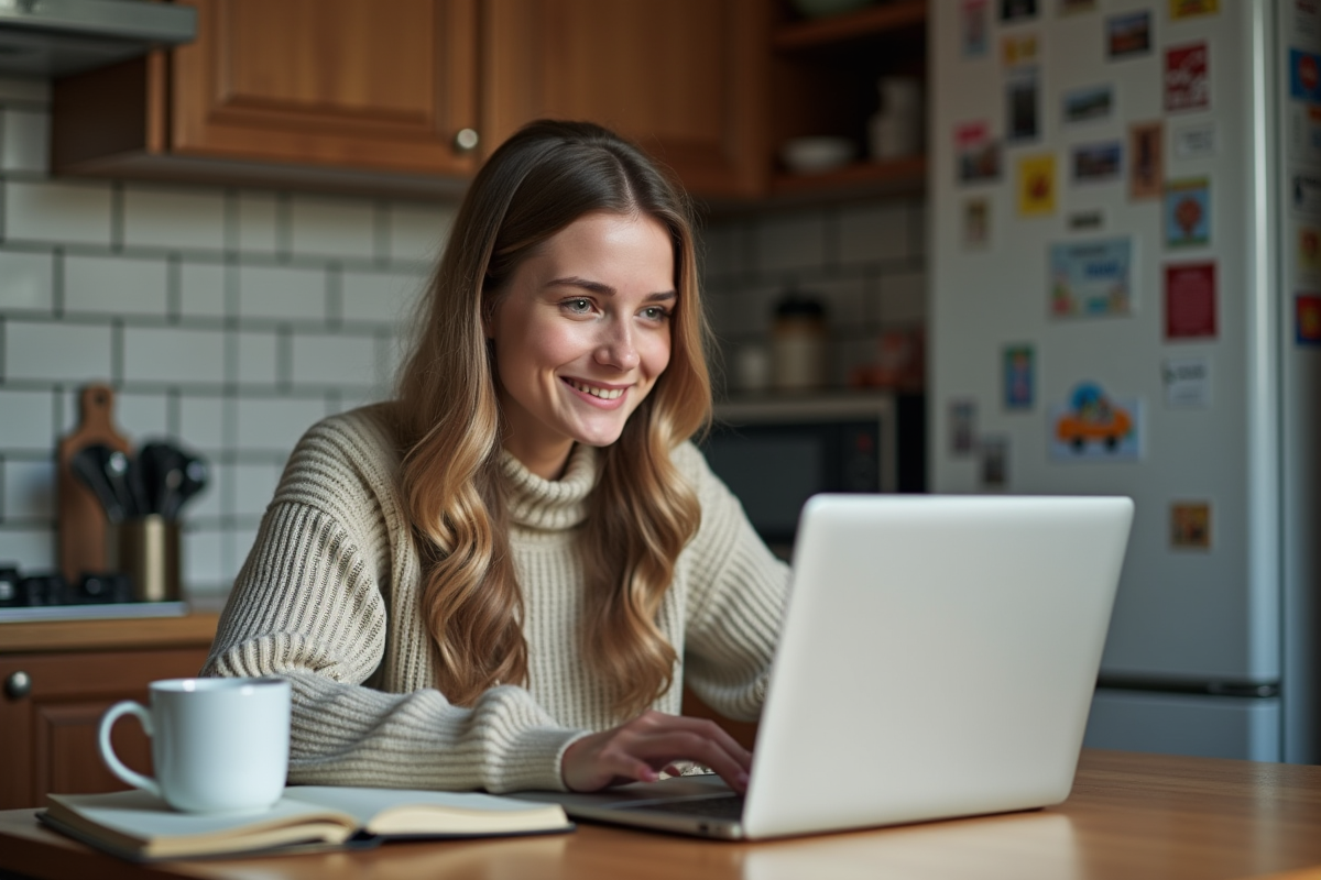 Jeune femme souriante utilisant son ordinateur portable en cuisine