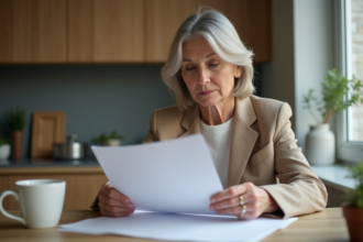 Femme d'âge moyen lisant des papiers dans la cuisine moderne