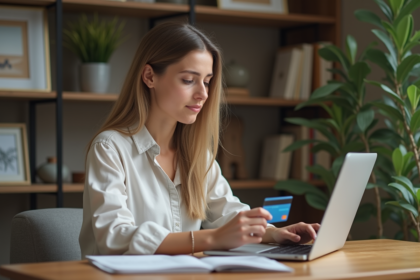 Jeune femme concentrée utilisant un ordinateur pour un achat en ligne
