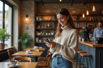 Jeune femme souriante payant en Bitcoin à Paris