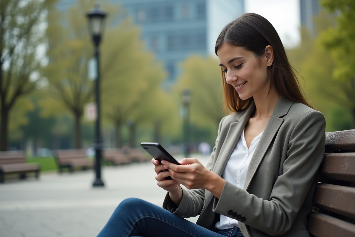 Jeune femme en extérieur consultant des données boursières sur son smartphone