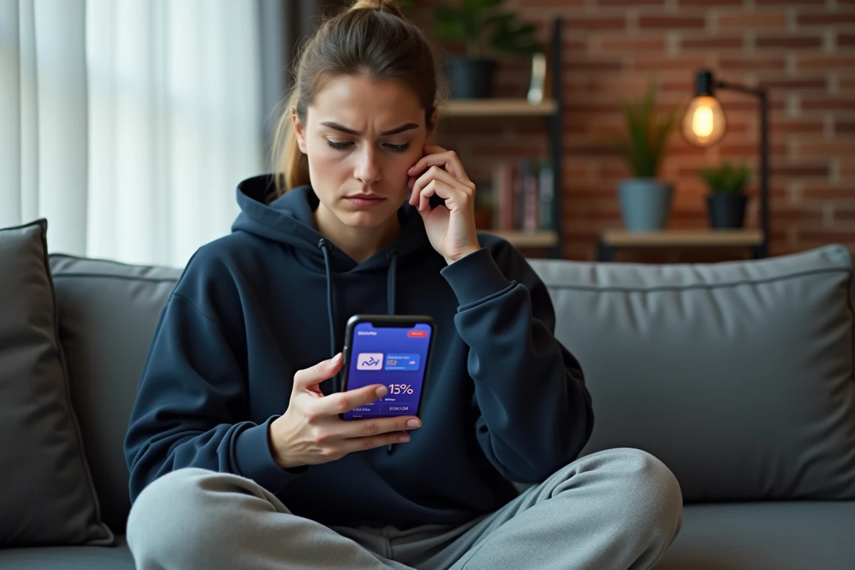 Femme inquiète consultant son portefeuille crypto en baisse sur smartphone, incluant la chute de Solana