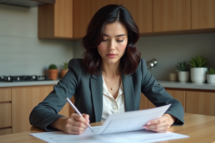 Femme concentrée examinant des documents de prêt immobilier