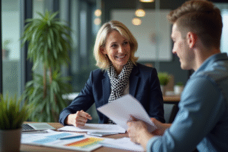 Femme professionnelle expliquant des documents à un jeune homme