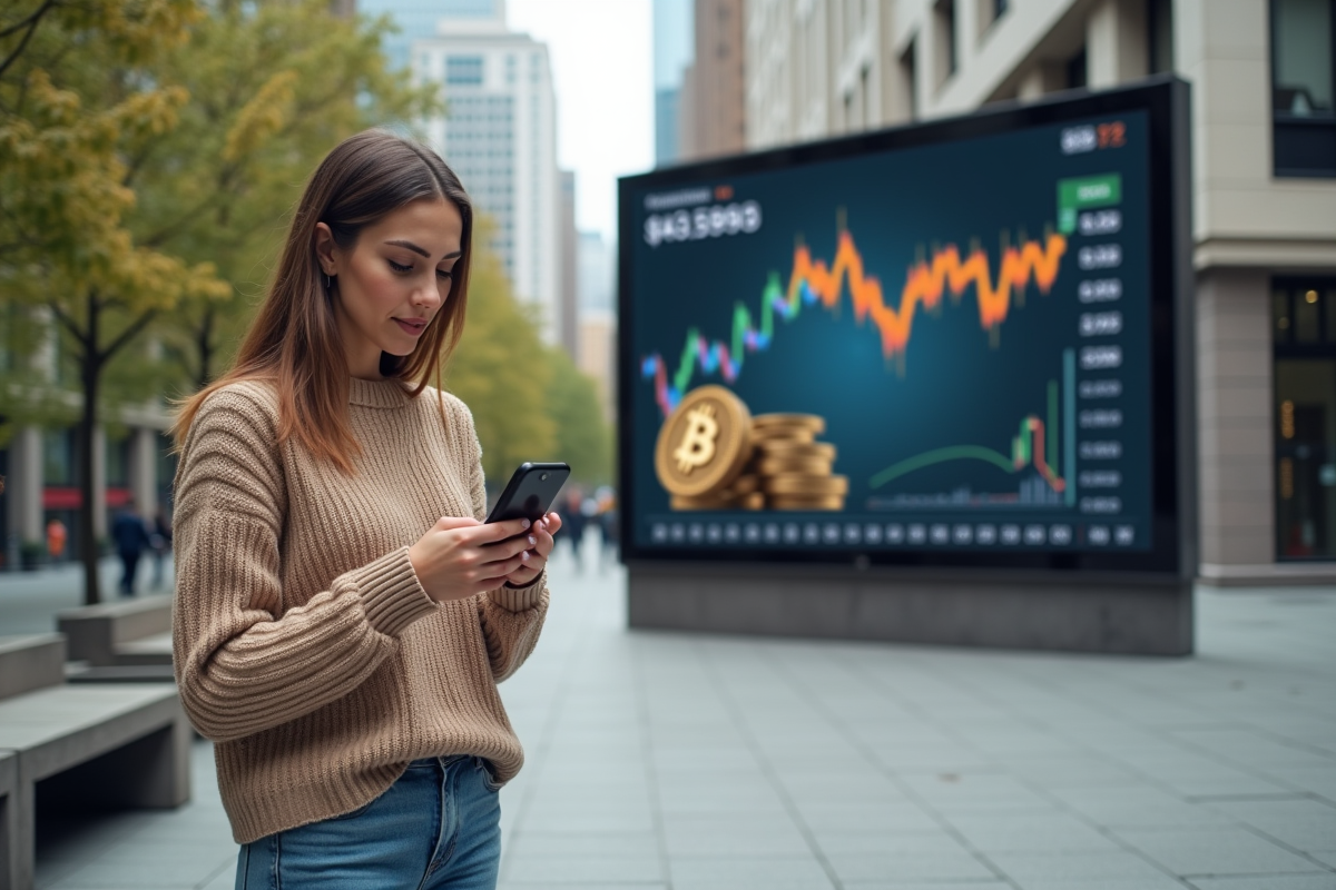Femme regardant son smartphone avec un graphique Bitcoin en ville