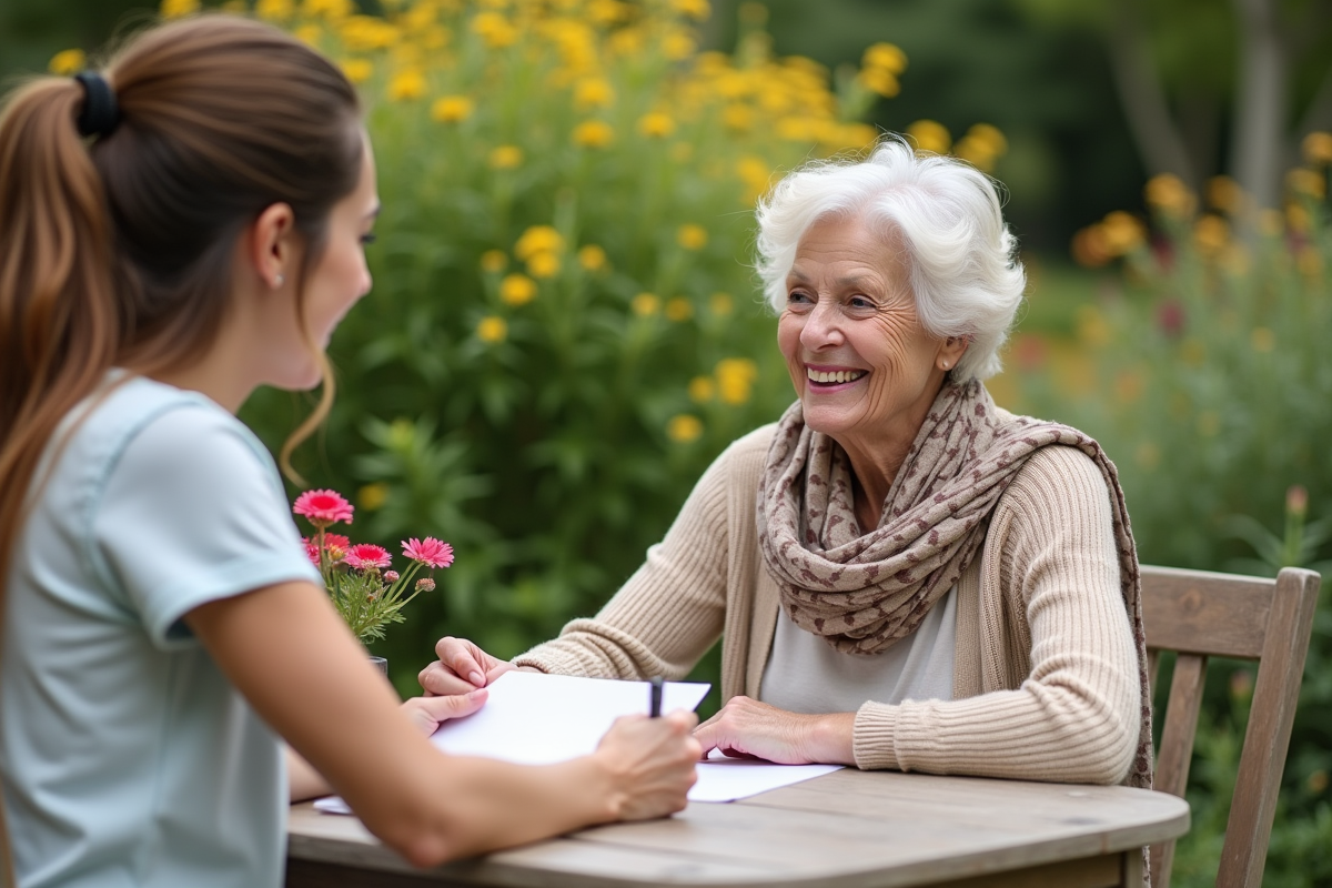Femme âgée souriante discutant dans un jardin fleuri