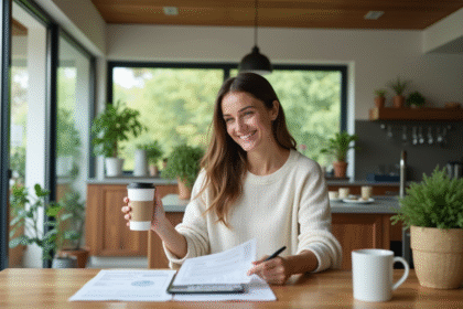 Femme souriante dans sa cuisine écologique et lumineuse