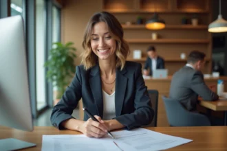 Femme souriante en bureau examinant des documents de prêt
