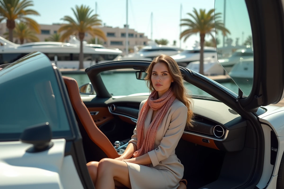 Jeune femme dans une supercar au port de luxe