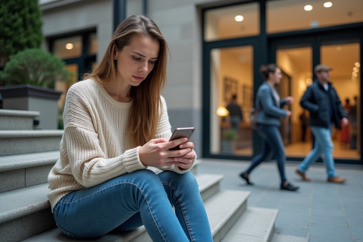 Jeune femme regardant son smartphone sur les escaliers en ville