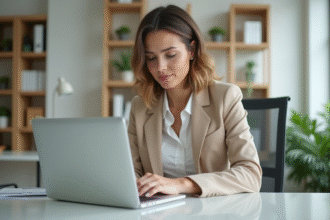 Femme professionnelle vérifiant un virement bancaire sur son ordinateur