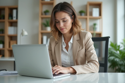 Femme professionnelle vérifiant un virement bancaire sur son ordinateur