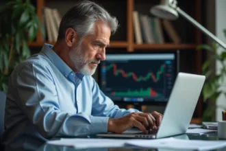 Homme d'affaires regardant un ordinateur portable avec graphiques financiers