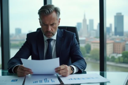 Homme d'affaires européen en costume bleu dans un bureau moderne