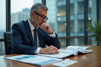 Homme d affaires en costume regardant des documents financiers
